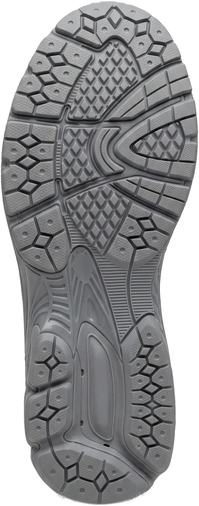 An illustration of a generic athletic outsole with no brand on it, toe upward, its sidewalls narrowing through the middle of the foot.