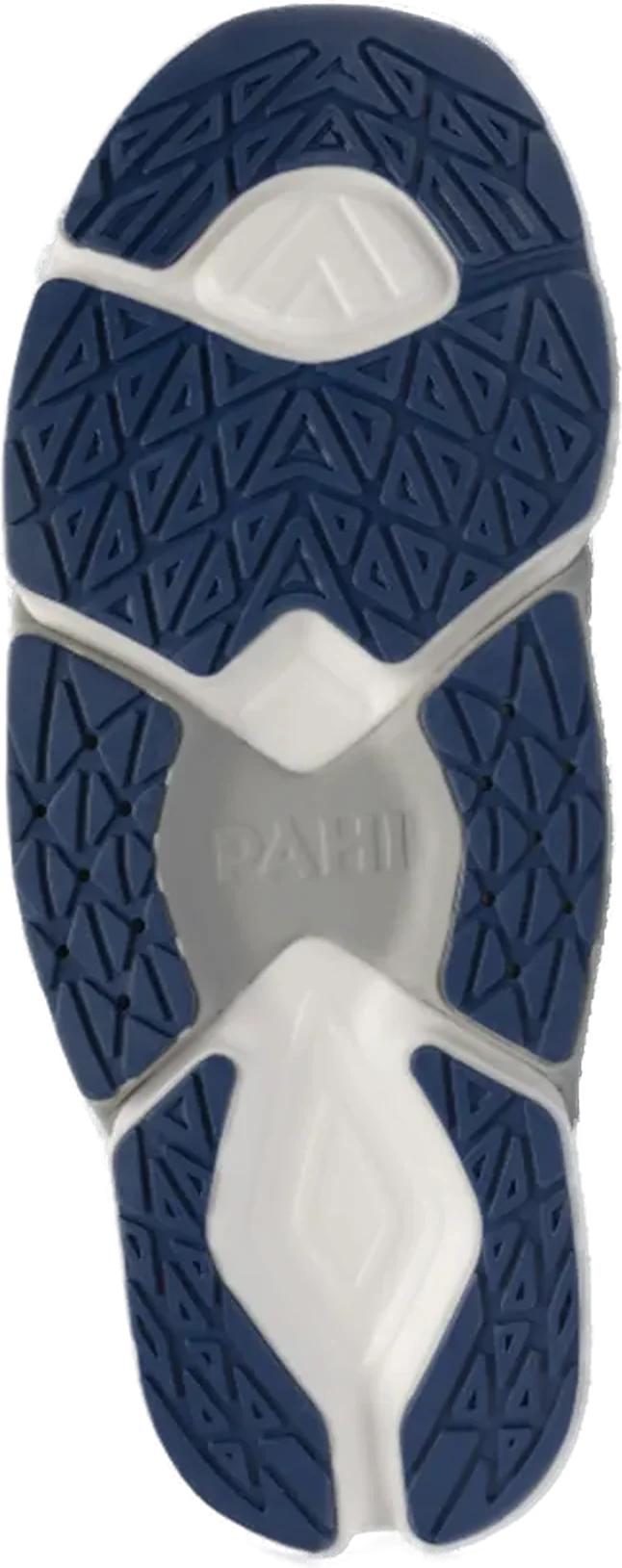 The underside of a PAHI B-Active outsole, toe upward, the outrigger platform running the full length of both sides.