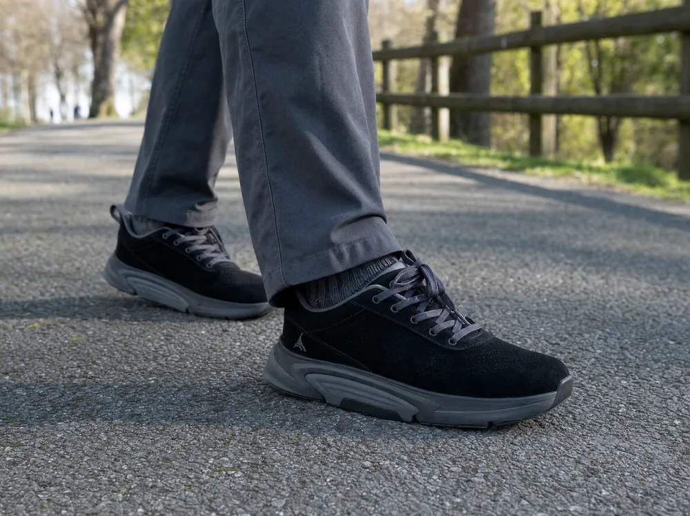 A man in his seventies walking on clean paving, B-Casual in side view.