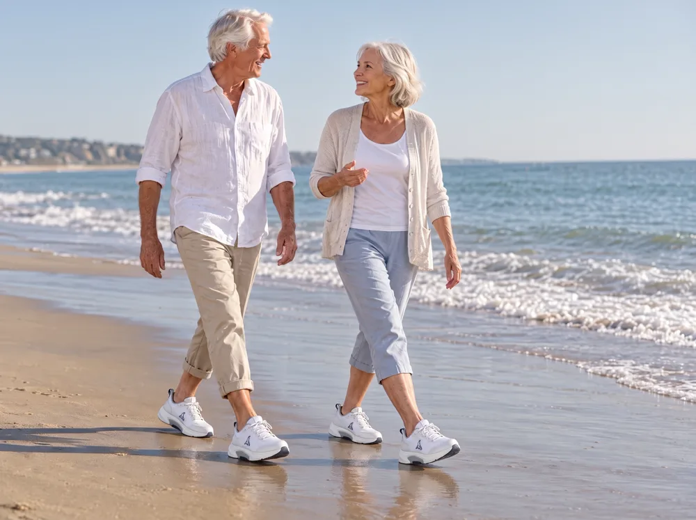 A couple in their seventies walking the firm sand at the waterline on a sunny beach, both in B-Active.