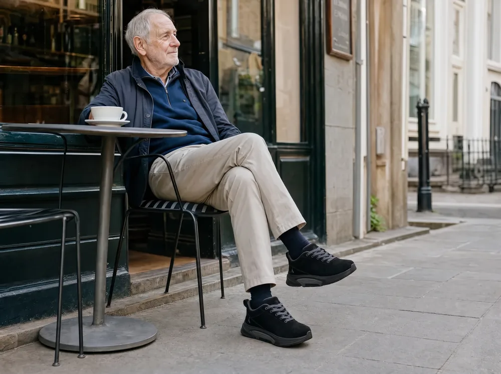 A woman in her seventies seated outside a cafe, her shoe forward and legible.