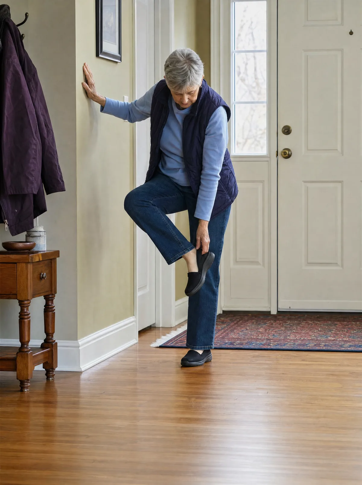 A person in their seventies at their own front door, one palm flat against the wall, working a shoe onto one foot.